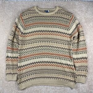 Cherokee Mens XL Cotton Fair Isle Crewneck Sweater Tan Brown Geometric Knit
